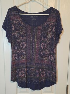 Lucky Brand Navy and Purple Floral Print Short Sleeve Tee